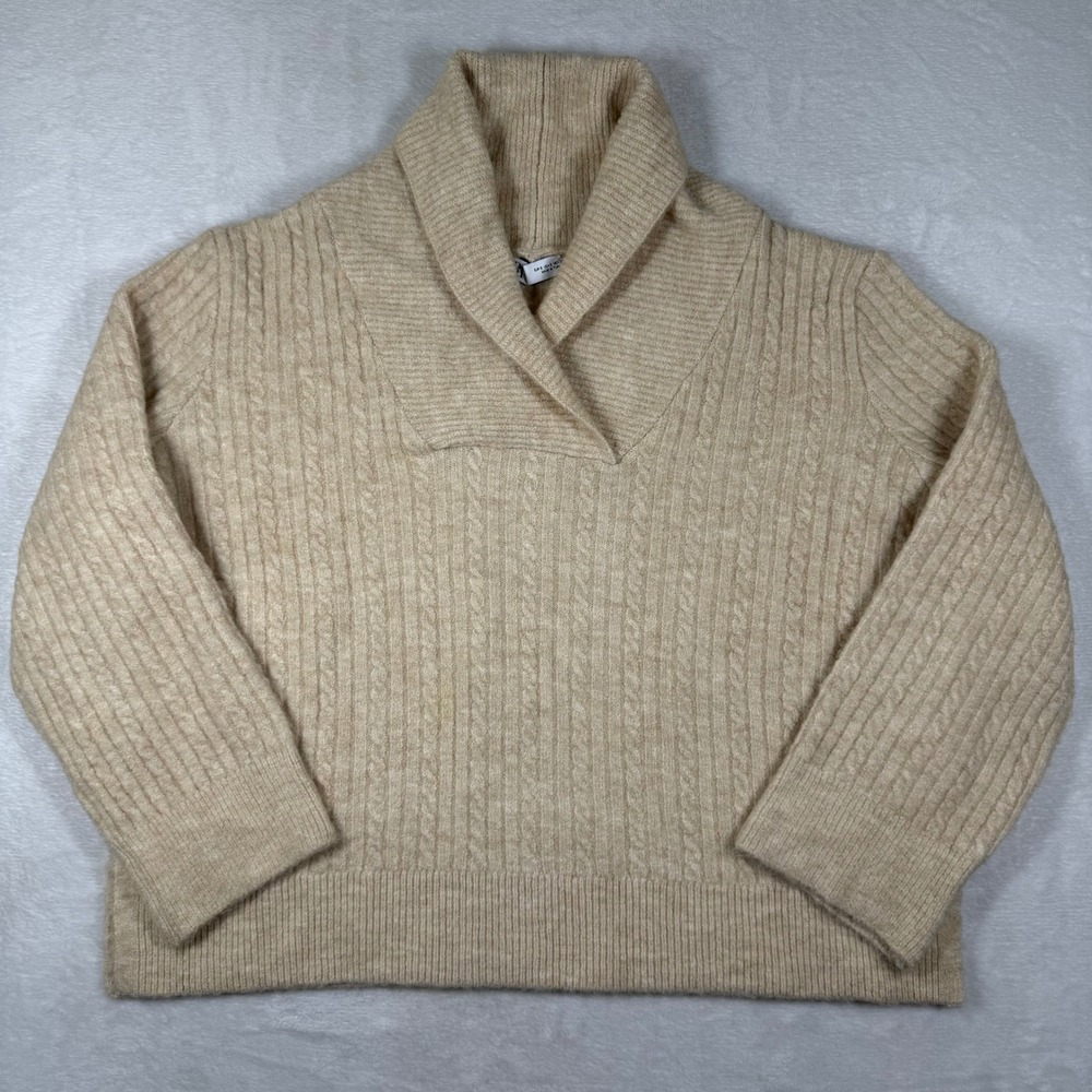 Zara Womens Beige Cable Knit Shawl Neck Sweater Size Small Relaxed Fit Soft Cozy